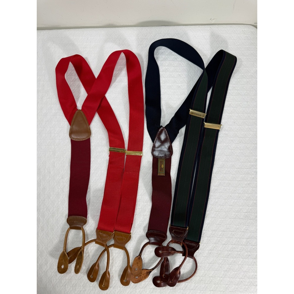 Trafalgar Mens Suspenders Braces Lot of 2 Red Green Navy Blue Leather Button End